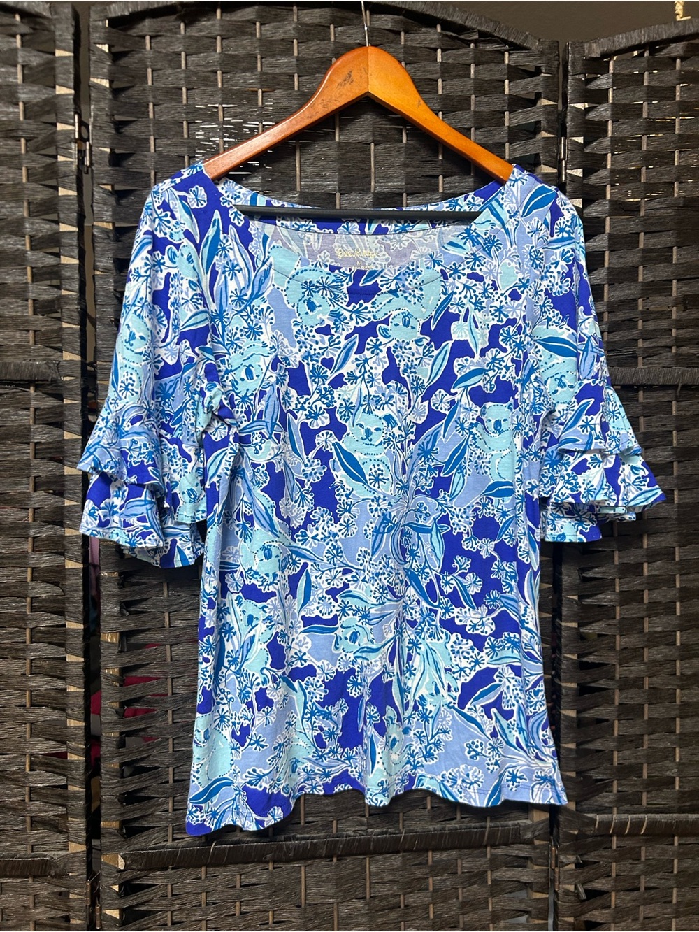 Lilly Pulitzer blue koala print blouse medium ruffle sleeve cotton blend